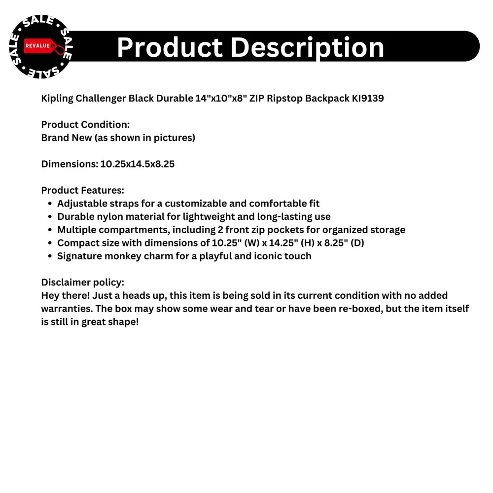 Kipling Challenger KI9139 Black Ripstop Durable‎ Backpack 14